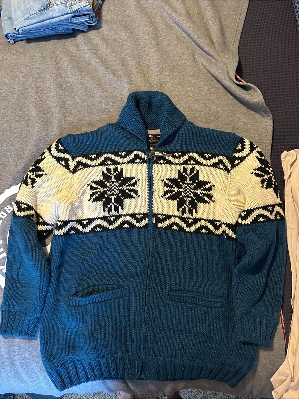 Sundance Teal Cream Black Nordic Zip Cardigan Sweater